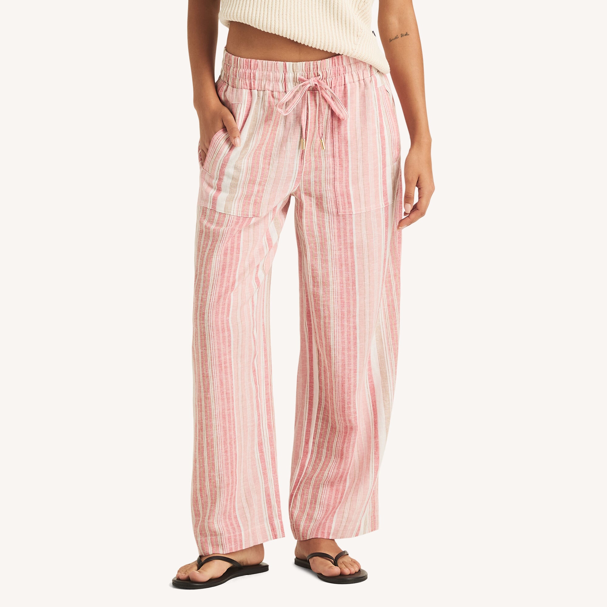 Nautica Women's Striped Linen Pant 667 (Sunguard Red), L