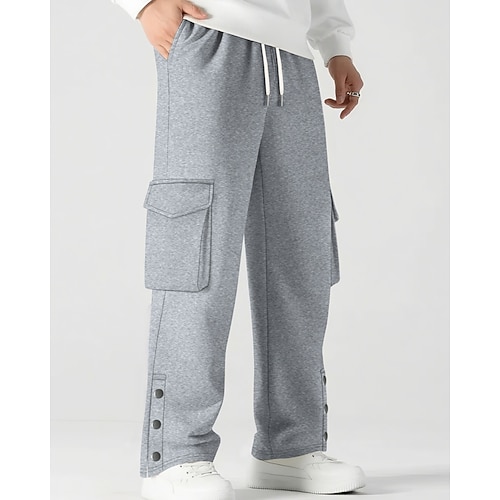 Herren Cargo-Hosen Jogginghose Hose Gerade geschnittene Sweatpants Kordelzug Elastischer Bund Seitenknopf Einfach Komfort Atmungsaktiv Täglich Outdoor Ferien Mode Klassicher Stil Schwarz Rote Image