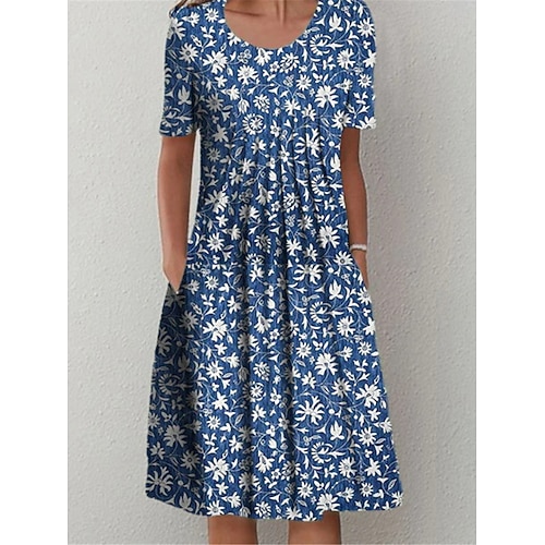Damen Midikleid Kleider in Leinenoptik Shiftkleid Freizeitkleid Sommerkleid Mode Modern Täglich Strand Wochenende Normale Passform Blumen Kurzarm Rundhalsausschnitt Blau Weiß Rote Marineblau Sommer Image