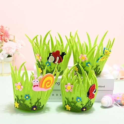 4er-Pack Osterdekorationen: Runde Körbchen aus Vliesstoff, festliche Osterdeko-Elemente mit Hasen- und Eieranhängern für Tisch oder Regal. Image