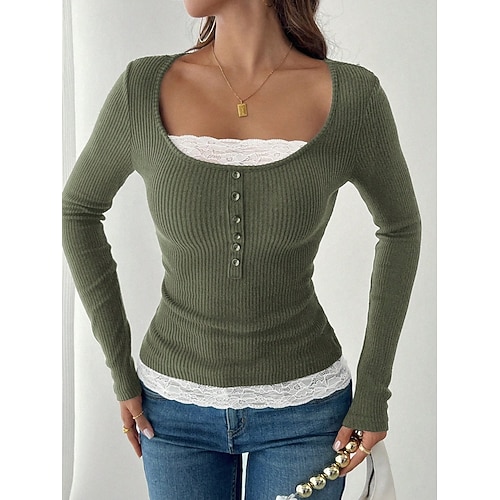 Damen T-Shirt Einfarbig Stilvoll Lässig Langarm Rundhals Regelmäßige Oberteile Täglich Spitze Patchwork Schwarz Weinrot Olivgrün Marineblau Braun Frühling Herbst Winter Image