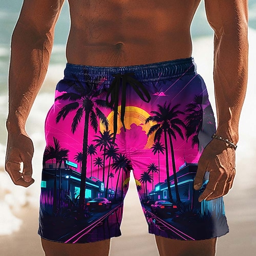Herren Kokospalme Natur Landschaft Tropische Pflanzen Badehosen Badeshorts Boardshorts Mittlere Taille Hawaiianisch Strandurlaub Seitentaschen Netzfutter Elastischer Kordelzug in der Taille Designer Image