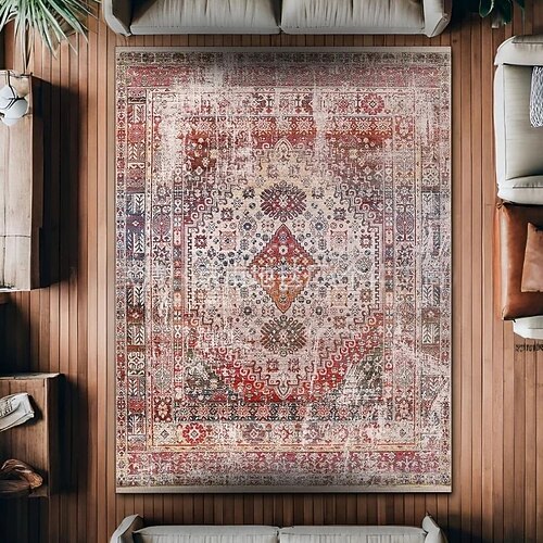 Vintage-Perserteppich, fleckenabweisend und pflegeleicht, Sofadecke im Ethno-Stil, rutschfeste Bettvorlegerin, strapazierfähige und elegante Wohnzimmer-Bodendekoration Image