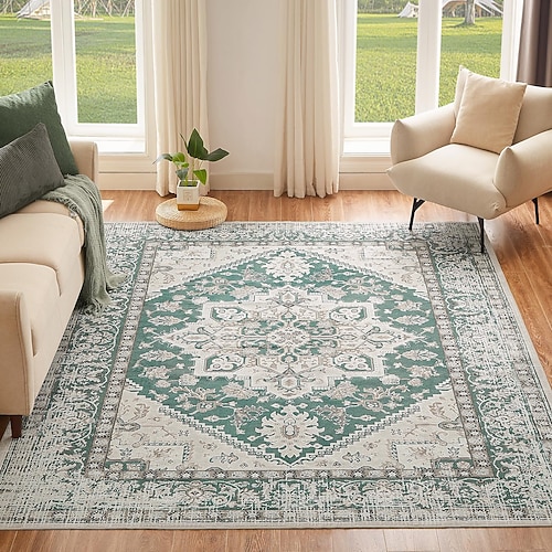 Maschinenwaschbarer Teppich, Vintage-Wohnzimmerteppich, waschbarer Couchtischvorleger mit rutschfester Unterseite, faltbar und leicht zu reinigen, weiche und strapazierfähige Fußmatte für Zuhause Image