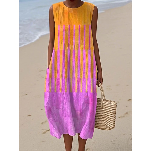 Frauen Midi Kleid Leinenähnlich Sommerkleid Shift Kleid A-Linien Kleid Urlaub Lässig Boho Strand Ausgehen Lockerer Sitz Grafik Geometrisch Ärmellos Rundhalsausschnitt Schwarz Gelb Pink Braun Sommer Image