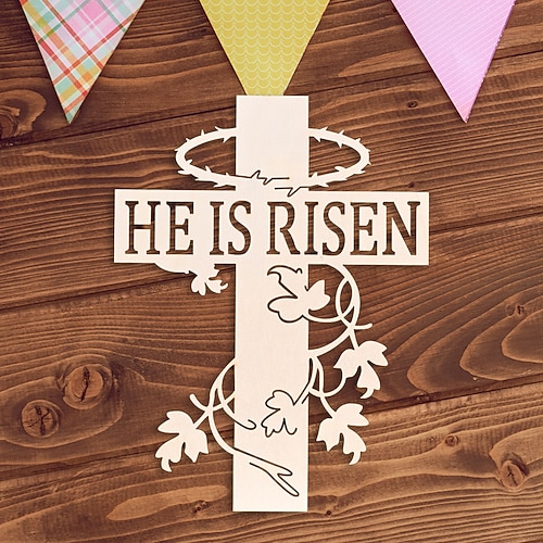 Osterkreuz aus Holz, hölzerner Wandschmuck mit der Aufschrift „Er ist auferstanden", inspirierende Osterdekoration für Zuhause, Frühlingsdekoration und religiöser Wandakzent Image