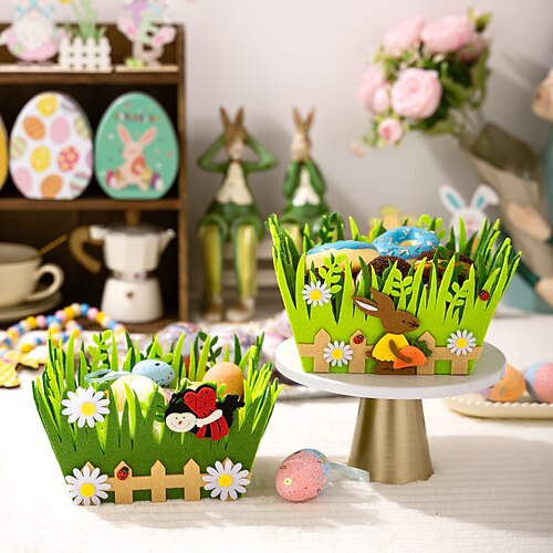 2er-Pack Aufbewahrungskörbe mit Osterhasenmotiv, grüne Vliesstoffkörbe mit Marienkäfer-Design, Osterdeko für den Frühling, perfekt für Süßigkeiten, Eier und zur Aufbewahrung von Osterartikeln. Image