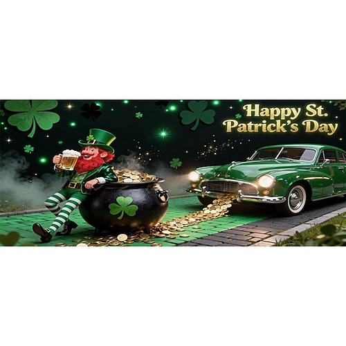 Garagentorabdeckung zum St. Patrick's Day, grünes vierblättriges Kleeblatt Goldmünzen-Design, festliches Wandbanner für die Feiertage, Dekoration für die St. Patrick's Day Party in der Garage oder im Image