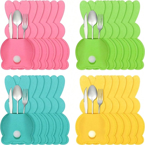 12er-Set Besteckbeutel mit Osterhasenmotiv aus Filz für Messer und Gabeln, ideal als Tischdekoration für Ostern, Hochzeiten, Geburtstage und andere Feiern. Farben: Rosa, Blau, Grün, Gelb. Image