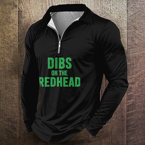 St. Patrick's Day Herren Zip Polo Shirts Langarm Polo Shirts Kragen Freizeit Outdoor Festival Outfit 3D Druck Frühling Herbst Schwarz Dunkelgrün Grün Image