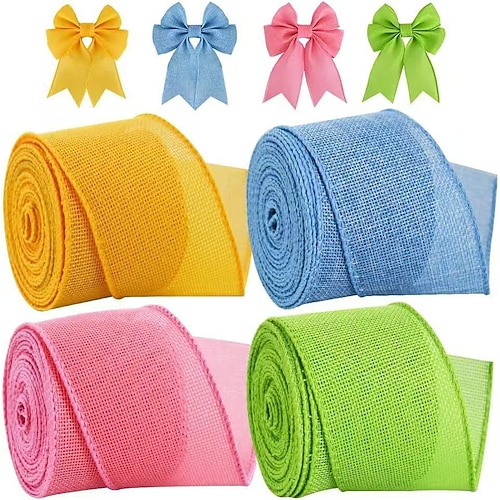 4 Rollen Osterband aus rustikalem Jute-Stoff, bunt, mit Draht verstärkt, für Weihnachtskränze, Halloween, Herbstdekoration, Schleifenbasteln, Geschenkverpackung, Partydekoration im Boho-Stil Image
