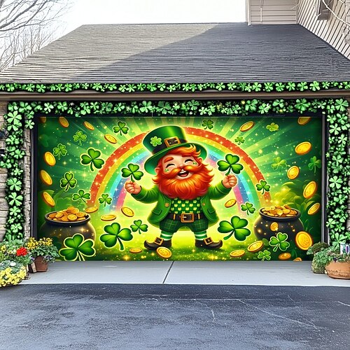 Wandgemälde an der Garagentür zum St. Patrick's Day: fröhlicher Kobold mit Regenbögen und Kleeblättern Topf voll Gold, festliche Außendekoration zur Feier des St. Patrick's Day. Image