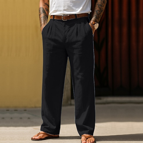 Herren Hose aus Baumwollleinen Hose Sommerhose Baggy-Hosen Strandhose Tasche Einfarbig Komfort Atmungsaktiv Täglich Outdoor Strand Urlaub Mode Schwarz Weiß Unelastisch Image