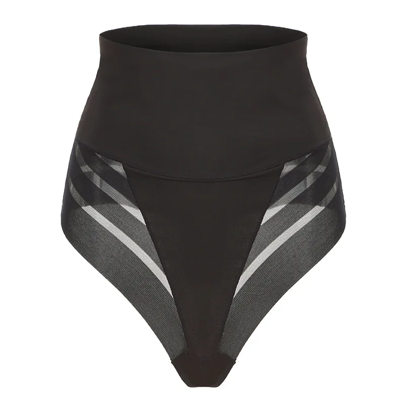 Damen-Tanga mit hoher Taille, Stil, Shapewear, Bauchkontrolle, Taillentrainer, Hip-Lift, körperformende Hose, Übergröße, gestreifter Netz-Tanga Image