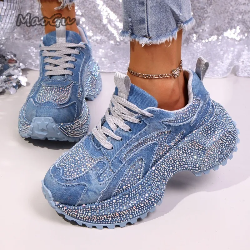 Mode Strass frauen Chunky Turnschuhe Dicke Sohle Lace Up Casual Schuhe Luxus Denim Plattform Vulkanisieren Schuhe für Frauen 35-42