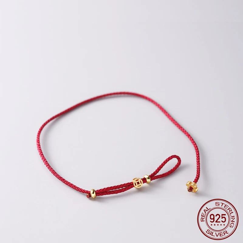 Einstellbare 22 cm 925 Silber Seil Armbänder Frauen Blume Alte Münzen Roten Faden Linie String Armbänder Für Frauen Mädchen Gold
