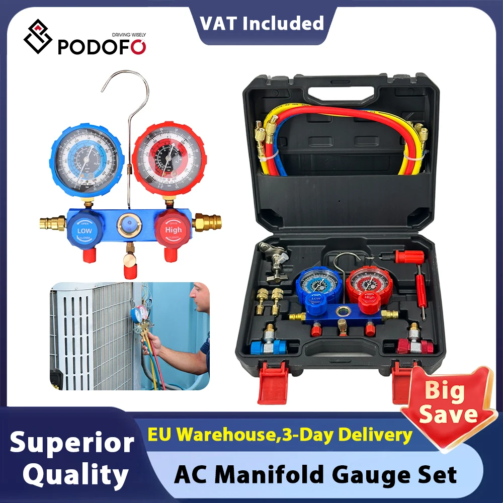Podofo AC Manifold Gauge Set Auto Klimaanlage Kältemittel Ladewerkzeug AC Manifold Gauge Set mit Schläuchen mit Aufbewahrungsbox Image