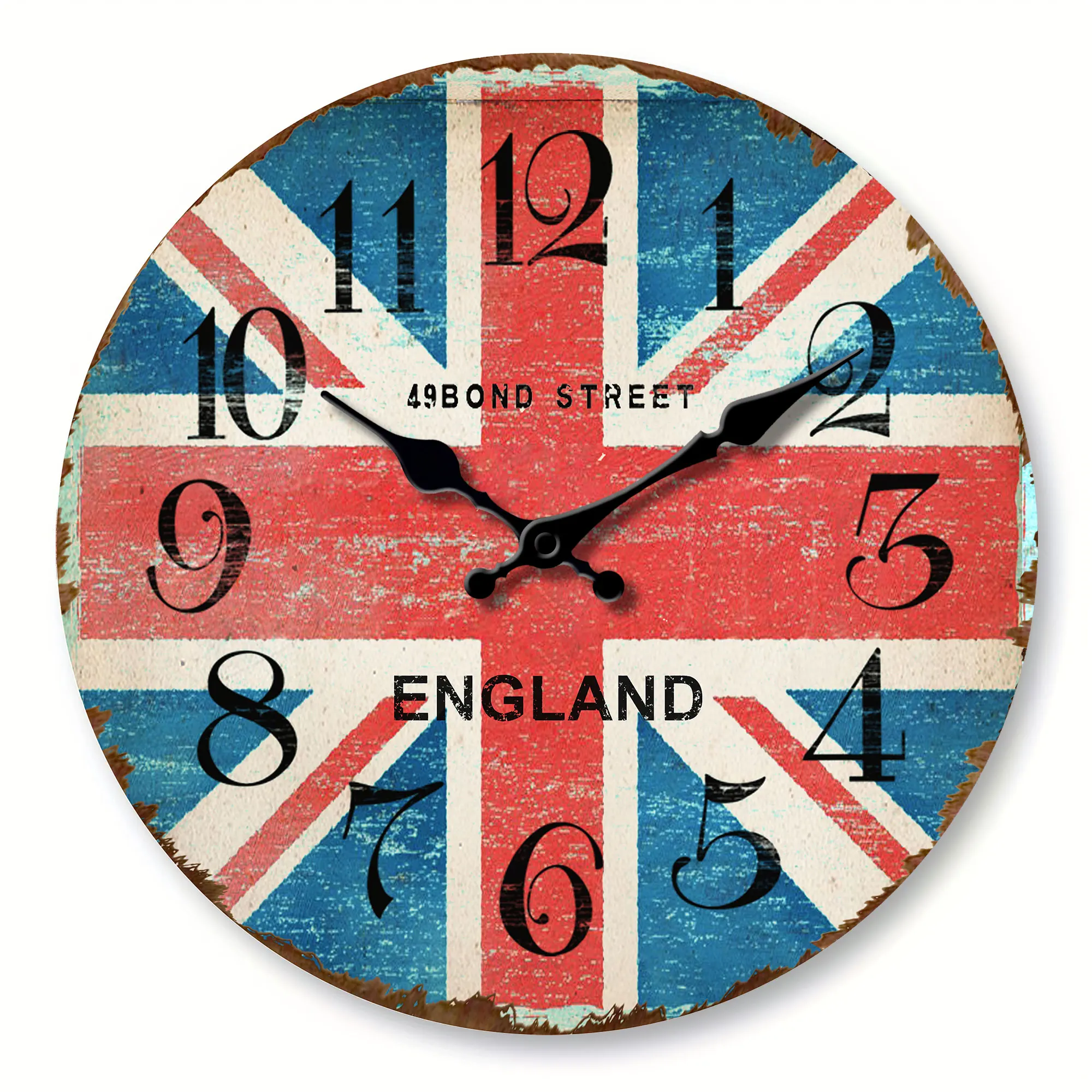 1 Stück Vintage-Wanduhr aus Holz, 49 Bond Street Shopping Center Design-Wanduhr, Wanduhr mit englischer Flagge, stille Uhr, Living R