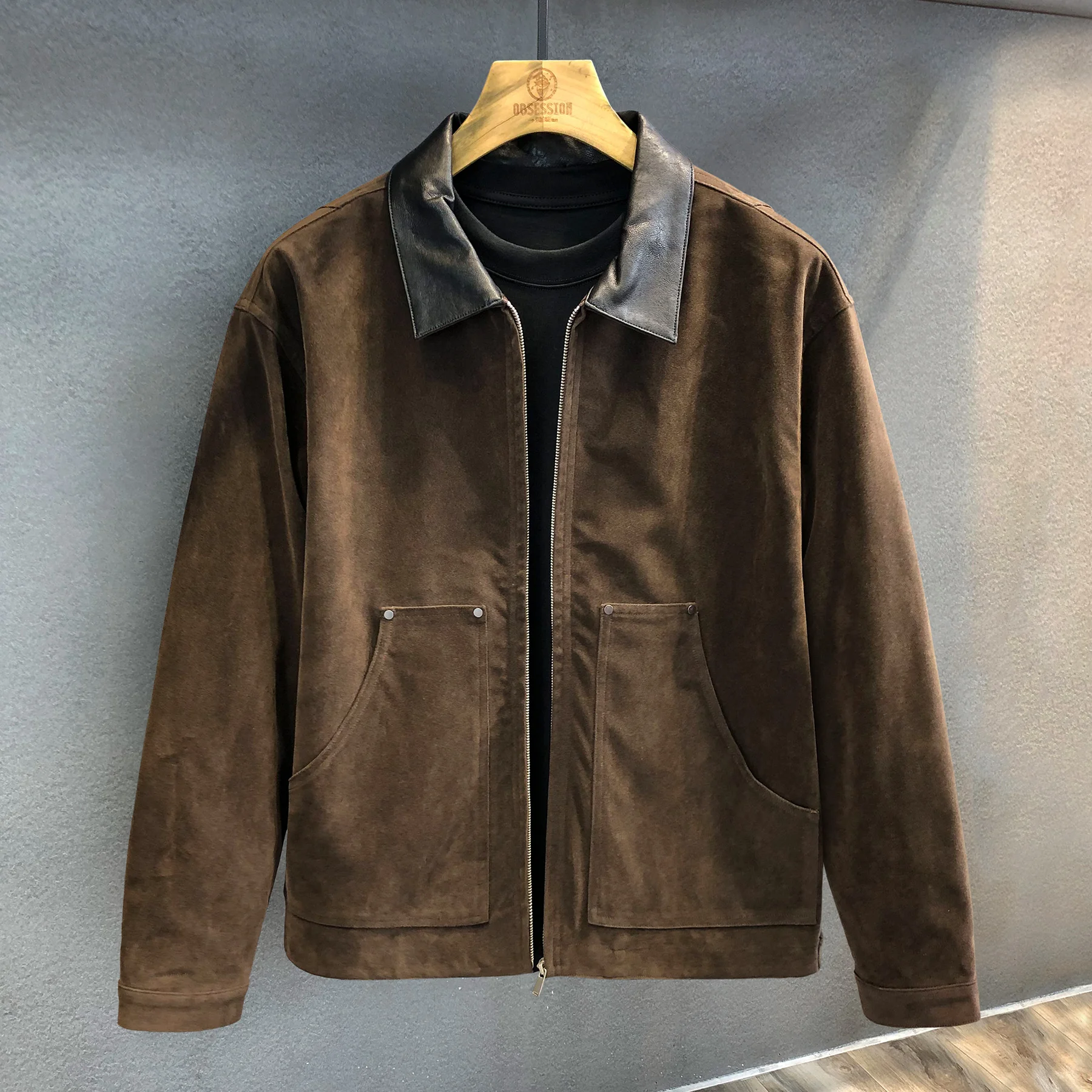 Amekaji Walnuss Dunkelbraun Retro Wildleder Revers Motorrad Lederjacke für Herren American Style Badboy Chic Ledermantel für den Herbst Image