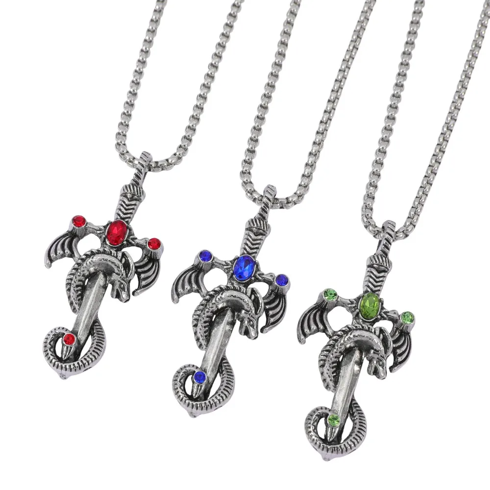 Retro mehrfarbige Edelstein-Drachen-Schwert-Legierungs-Halskette für Männer, Punk- und Hip-Hop-Schmuck, westliche Hip-Hop-Halskette