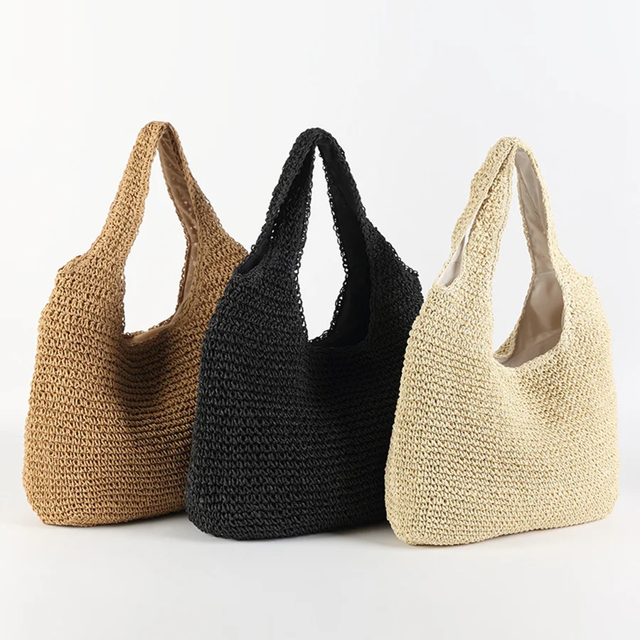 2023 mode Rattan Frauen Schulter Taschen Wikcer Woven Weibliche Handtaschen Große Kapazität Sommer Strand Stroh Taschen Casual Tote Geldbörsen Image