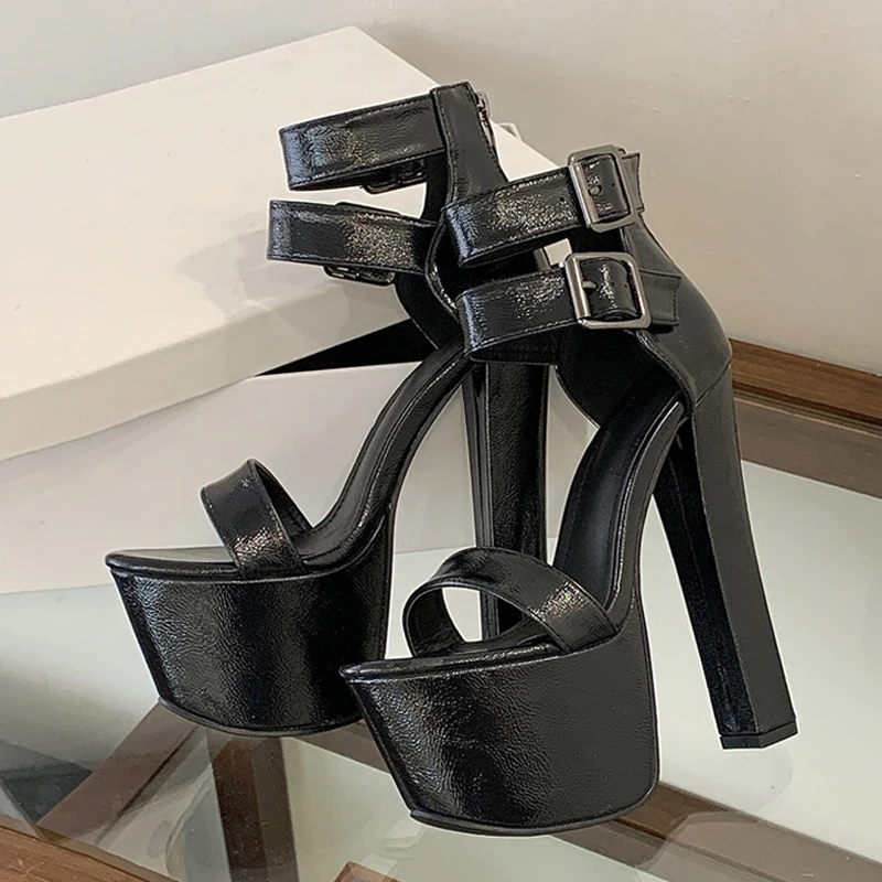 Liyke Große Größe 43 44 45, schwarze klobige Plateau-Sandalen für Damen, Doppelschnalle, Knöchelriemen, sexy offene Zehen, Super-High-Heels-Schuhe