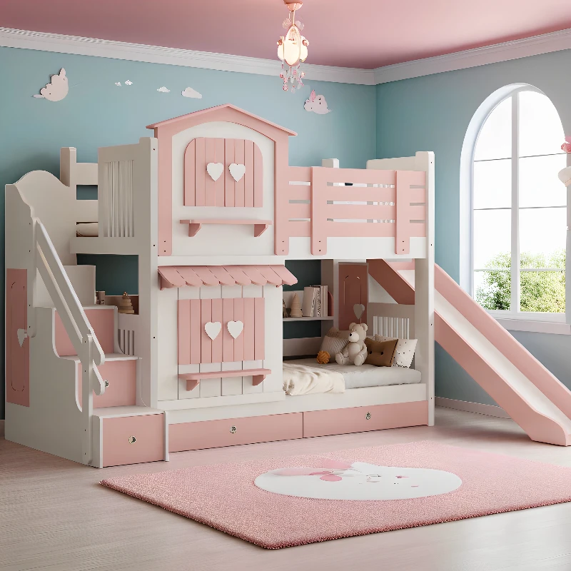 Rosa Prinzessin Etagenbett Kinderschloss Baumhaus Bett Etagenbett Mädchen Bequemes Zuhause beleuchtete Superposé Enfant Schlafzimmermöbel Image