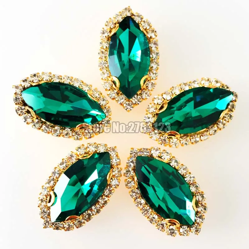 Bottone in cristallo con fondo dorato a forma di occhio di cavallo di alta qualità, cristallo di vetro verde malachite AAA + cucito su strass