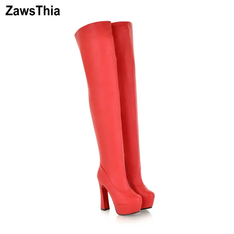 Weiches PU-Leder, rot, nackt, Overknees, Damen, sexy Stripper-Schuhe, High Heels, Plattform, Overknee-Stretch-Stiefel, große Größe 52