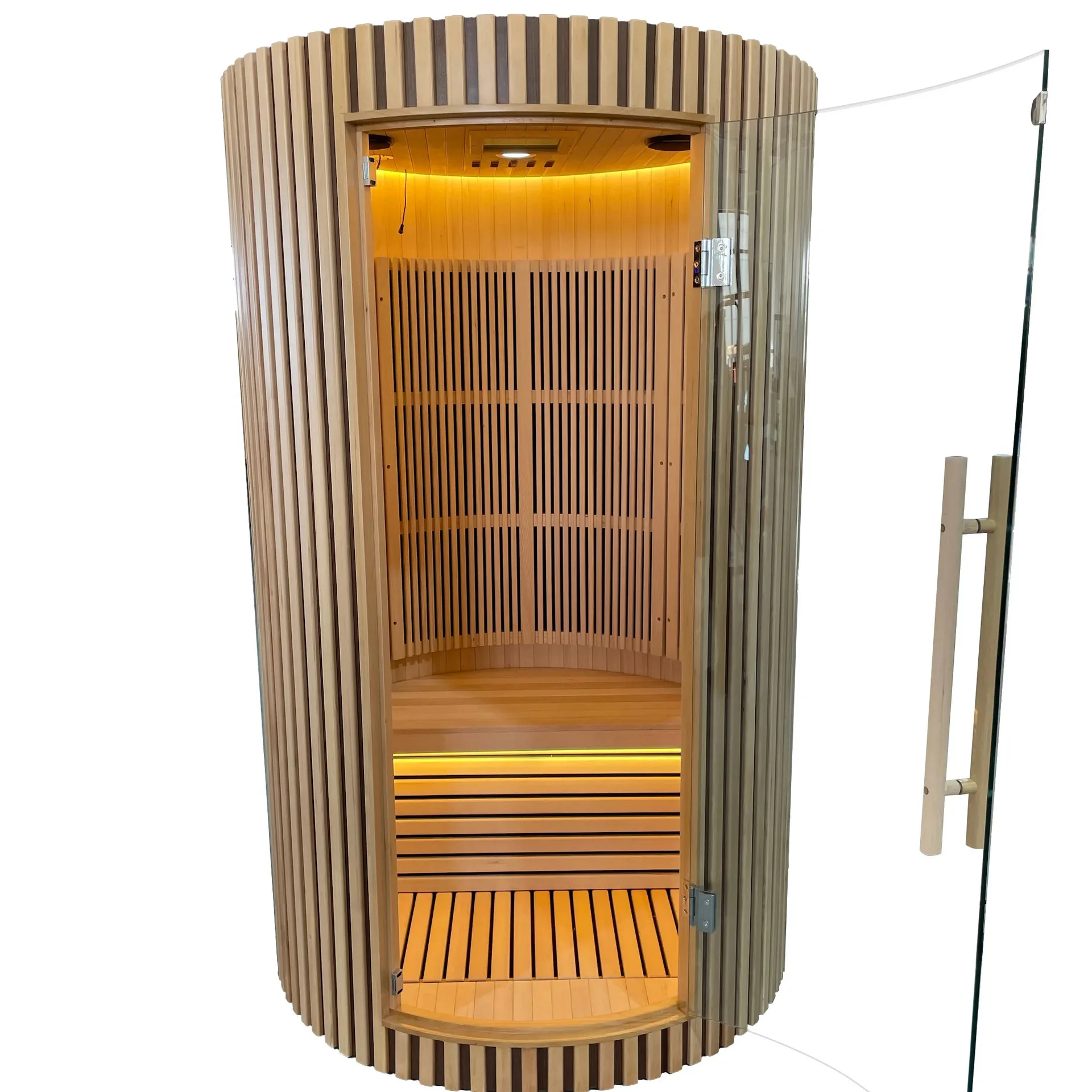 Freizeit-Stil, Fasssauna, Outdoor, Massivholz, Hemlock, Redwood, 1-Personen-Trocken-Infrarot-Sauna