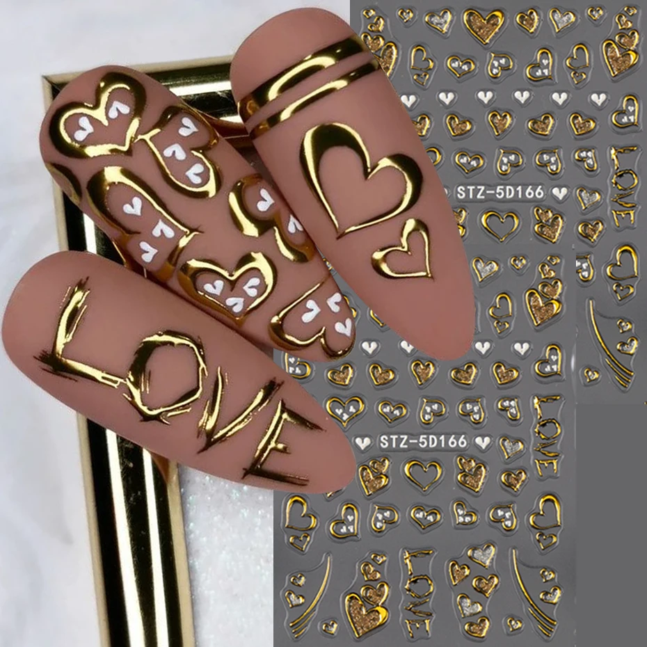 2 Stück 5D geprägte Bronzing Love Heart Nagelaufkleber Golden Big Heart selbstklebende Nagelschieber Valentinstag Hochzeit Nageldekoration Image