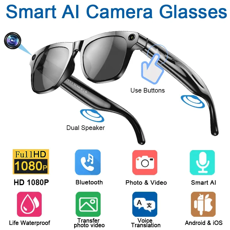 8K AI Smart Glasses With 100MP Camera Chat GPT Touch Sport Sunglasses Bluetooth Call Video Music Player For Men Women Image