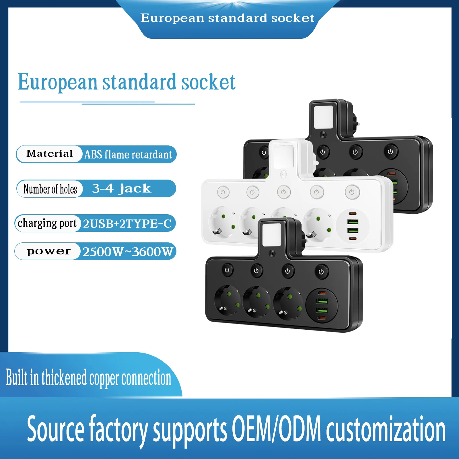 Presa EU Presa multipla 4/3 prese con 2 porte USB 2 Type-C con adattatore per caricabatterie da muro per luce notturna per uffici domestici