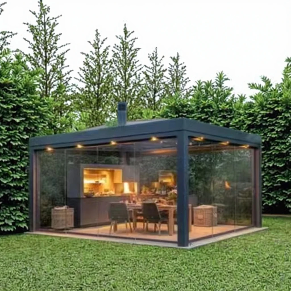 Moderne multifunktionale einziehbare Pergola aus Aluminium, bioklimatischer wandmontierter Pavillon, einziehbare Dachsysteme Image