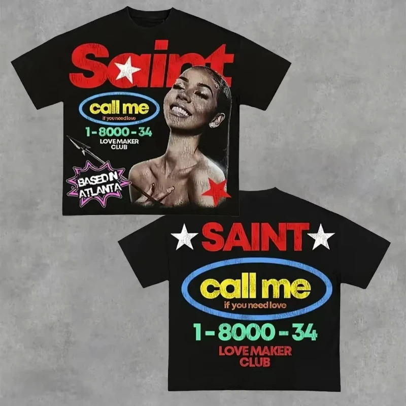 Bedrucktes Kurzarm-T-Shirt mit Rundhalsausschnitt, Street Portrait Style T-Shirt, Unisex-T-Shirt, Street Trend Y2K-Stil, Hip-Hop-T-Shirt, T-Shirts