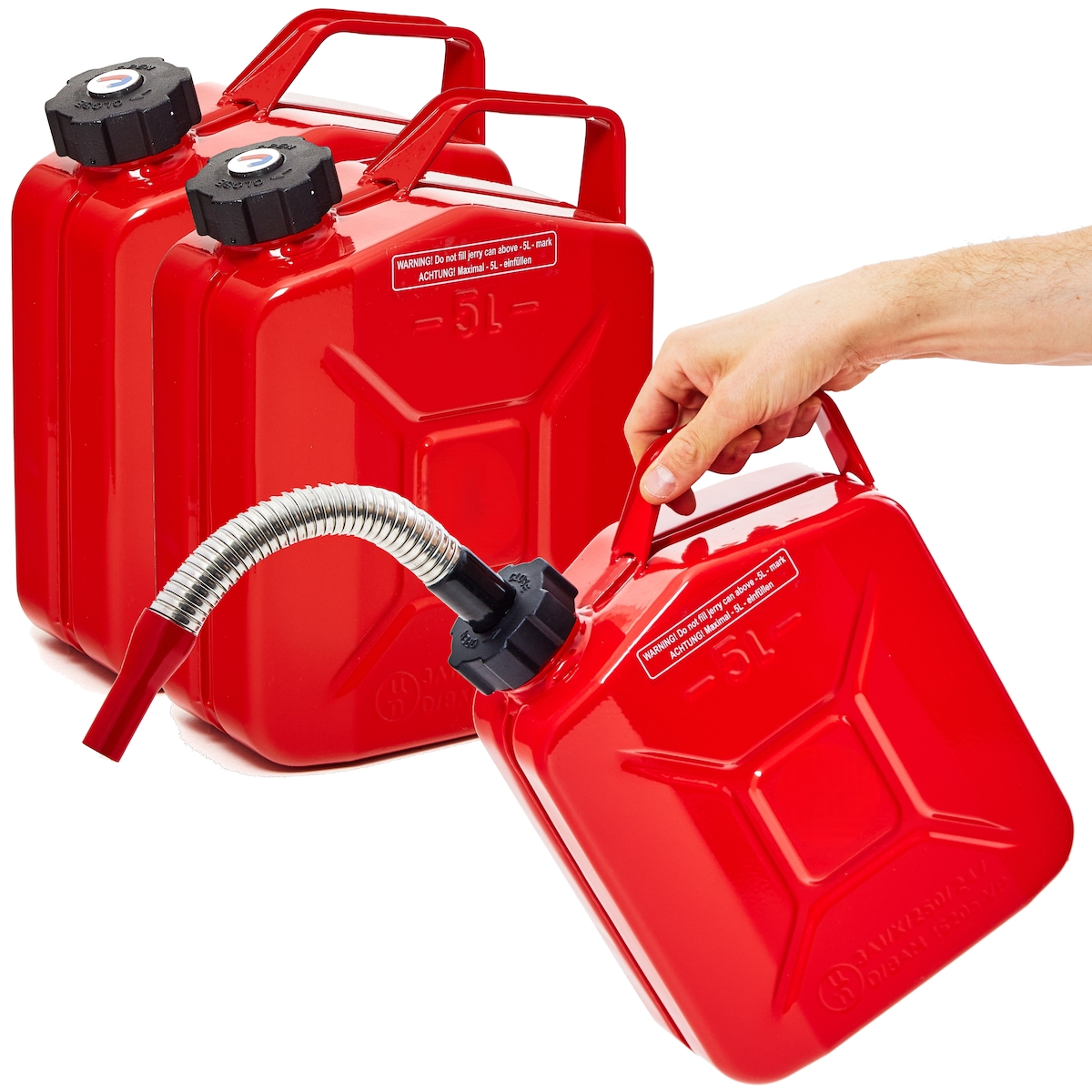 BW® Kraftstoffkanister Metall Benzinkanister 3x 5 Liter mit Schraubverschluss mit Ausgießer - Rot - RAL 3000 - TÜV-geprüft und UN-Zulassung Image