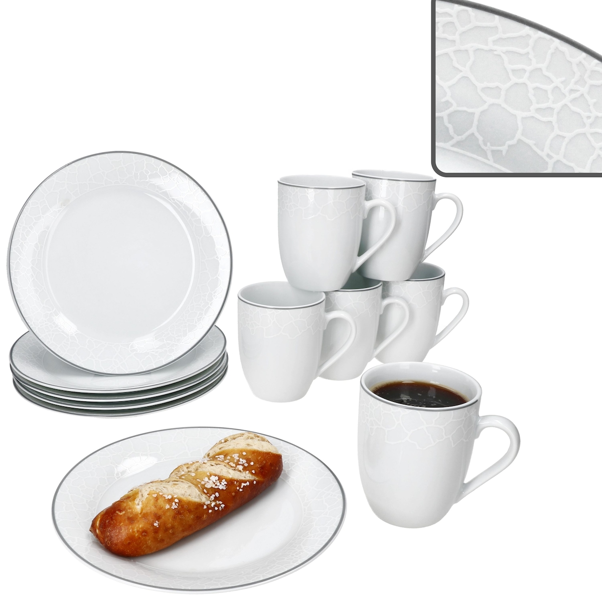 Venedig 12tlg Frühstücksset Porzellan Weiß 6 Personen Kuchenteller Kaffeebecher Image