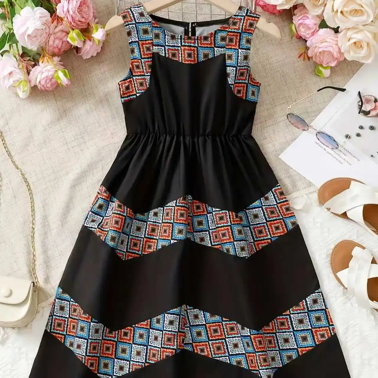 Mädchen Casual Sommer Neue Ärmellose Farbe Block Kleid Kinder Kleidung Kleinkind Mädchen Kleid Kinder Mode Image