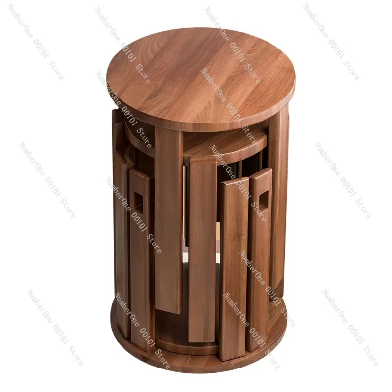 Stapelbarer Hocker, neuer stapelbarer Hocker im chinesischen Stil aus Holz, runder Massivholzhocker, Esszimmer- und Couchtisch für den Hausgebrauch Image