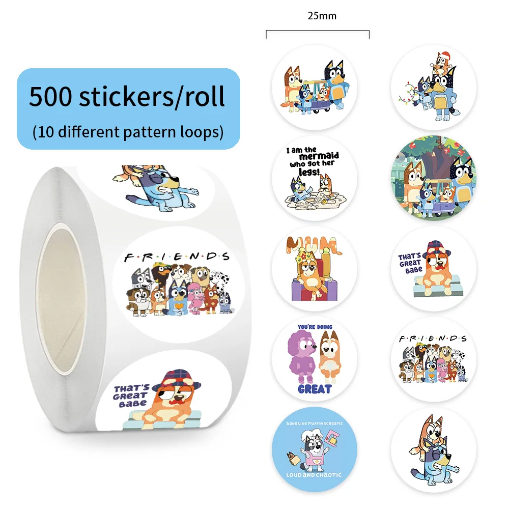 500 teile/rolle Cartoon Bluey Familie Animation Dicht Aufkleber DIY PVC Laptop Aufkleber Dekoration Aufkleber Belohnung Kinder Geschenk Spielzeug Image