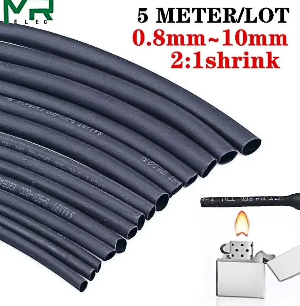5 METER/LOS 2:1 Schwarz 0,8 mm ~ 10 mm Polyolefin-Kabelhülsen Elektronische Komponente DIY-Stecker Reparatur Schrumpfschlauch Image