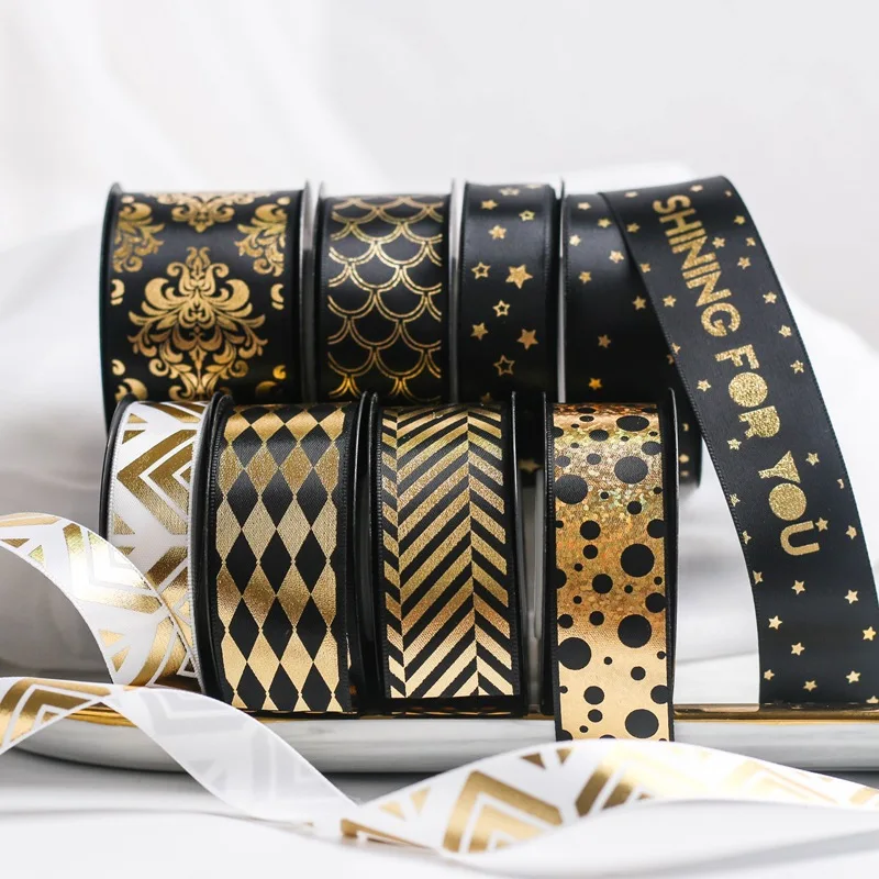 10 Yards/Rolle Schwarzgoldband 22 mm vergoldete Bänder für Schleife Geschenkverpackung Hochzeit Weihnachten Blumenhut Haarschmuck DIY Basteln Image