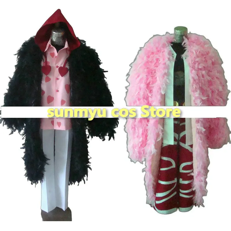 Doflamingo Donquixote Rosinante Cosplay Kostüm Benutzerdefinierte Größe Rosa Feder Schwarz Feder Mantel Hemd Hose Hut Brille