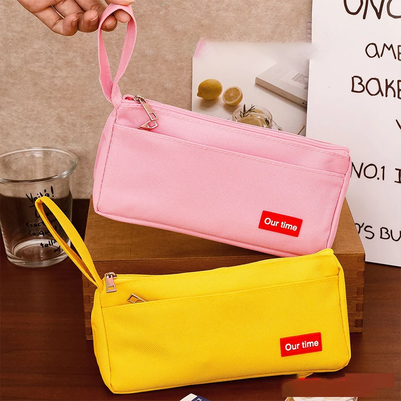 1pc große kapazität einfache doppel-schicht leinwand bleistift fall einfarbig dreieckige bleistift fall große kapazität schreibwaren lagerung p