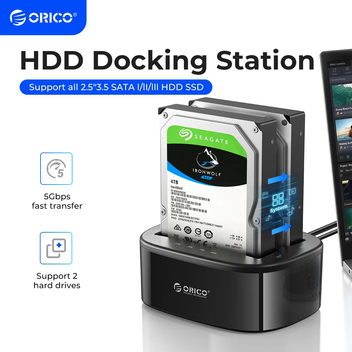 Docking Station per disco rigido ORICO Dual-bay per Docking Station HDD da 2.5/3.5 pollici HDD SSD da SATA a USB 3.0 con adattatore di alimentazione 12 v3a