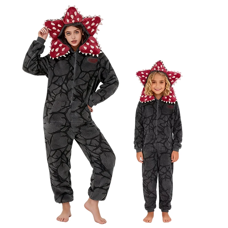 Erwachsene Kinder Chomper Flanell Pyjamas Kostüm mit Blumenkopfschmuck Film Peripherie Jumpsuits Onesie Pyjamas Halloween Kostüm Image