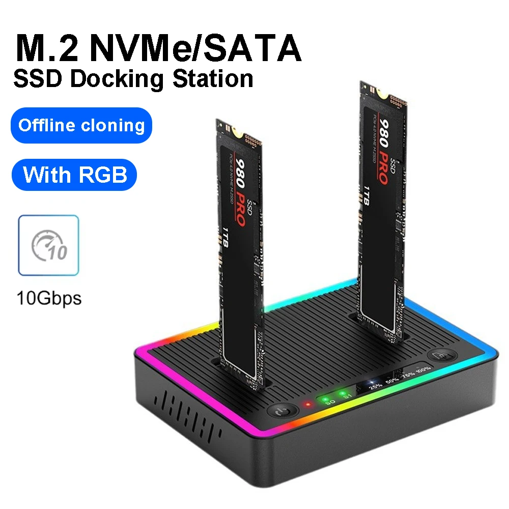 Duay-Bay M.2 NVMe/SATA SSD-Gehäuse Typ C USB3.2 10 Gbit/s externes SSD-Gehäuse Offline-Klon RGB NVme PCIE-Gehäuse für PC Image