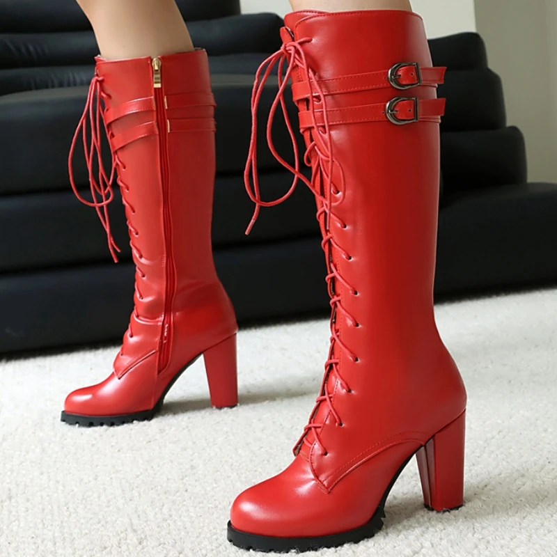 Rote kniehohe Damenstiefel 2025, Schnallenblock-High-Heels, Schwarz, Rosa, Weiß, langer Stiefel, Herbst-Winter-Schuhe, Schuh, große Größe 44 48