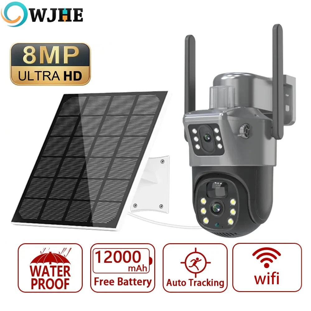 OWJHE 4K 8MP Doppia Lente PTZ Telecamera Solare Doppio schermo PIR Tracciamento Umano Esterno WIFI Sicurezza CTV Telecamera IP di Sorveglianza