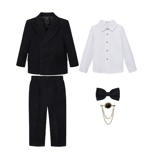 Completo da fedi per bambini, 5 pezzi, blazer pantaloni camicie cravatta ragazzo abito formale casual esterno festa moda fresco basic tinta unita tasca bottoni nero vino viola poliestere